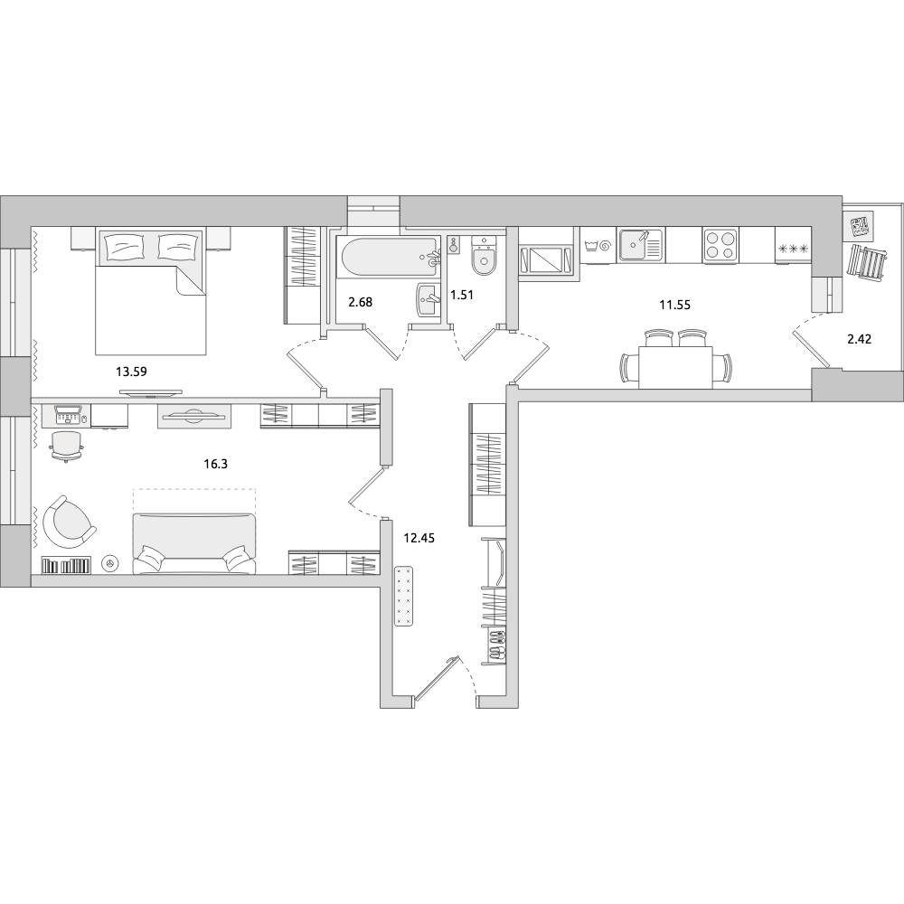 2-комнатные апартаменты 60.5 м2, 19-й этаж