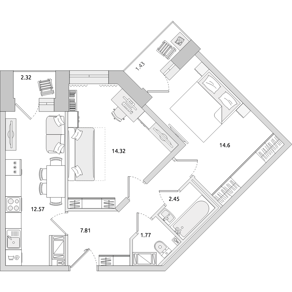 2-комнатные апартаменты 57.27 м2, 24-й этаж