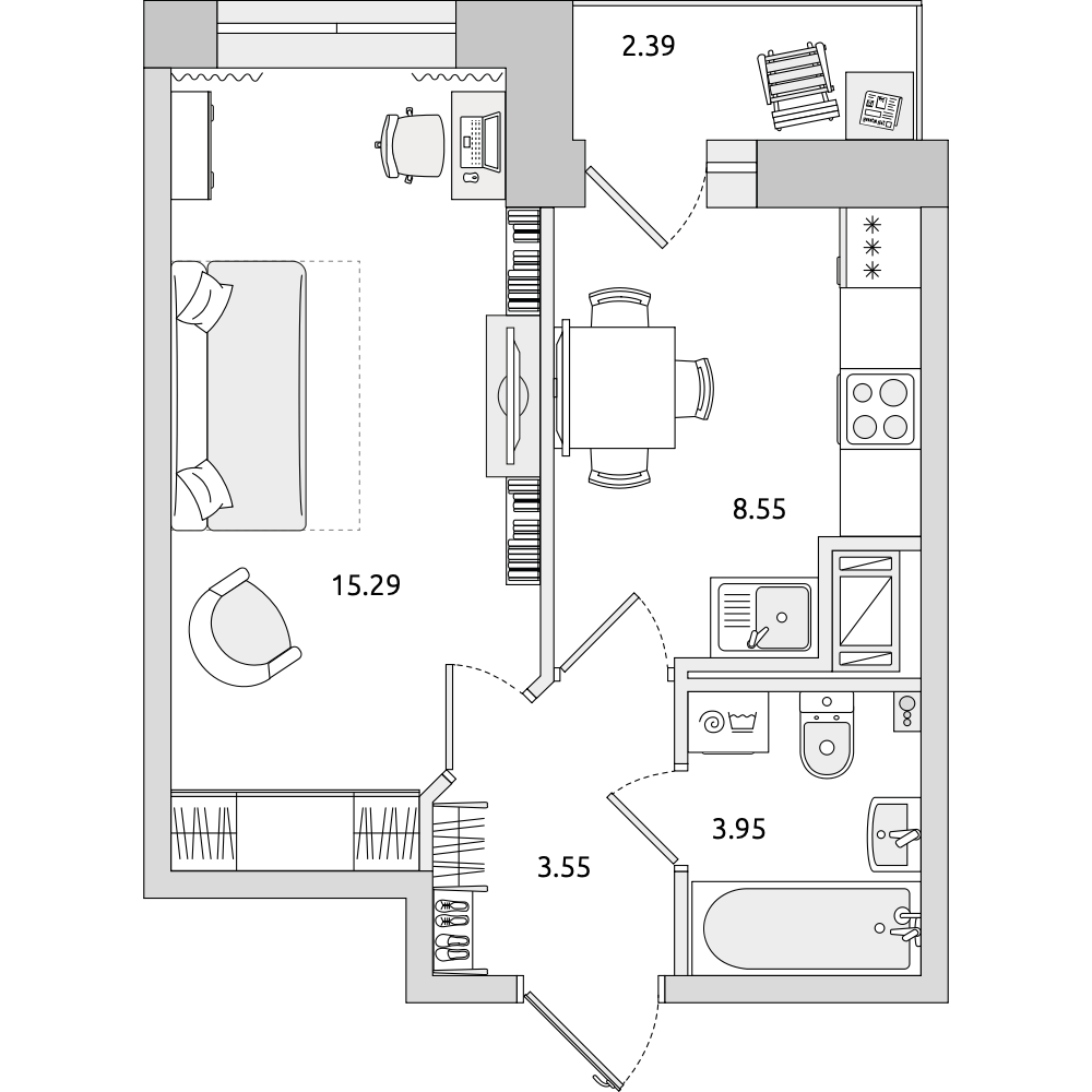 1-комнатные апартаменты 33.73 м2, 14-й этаж