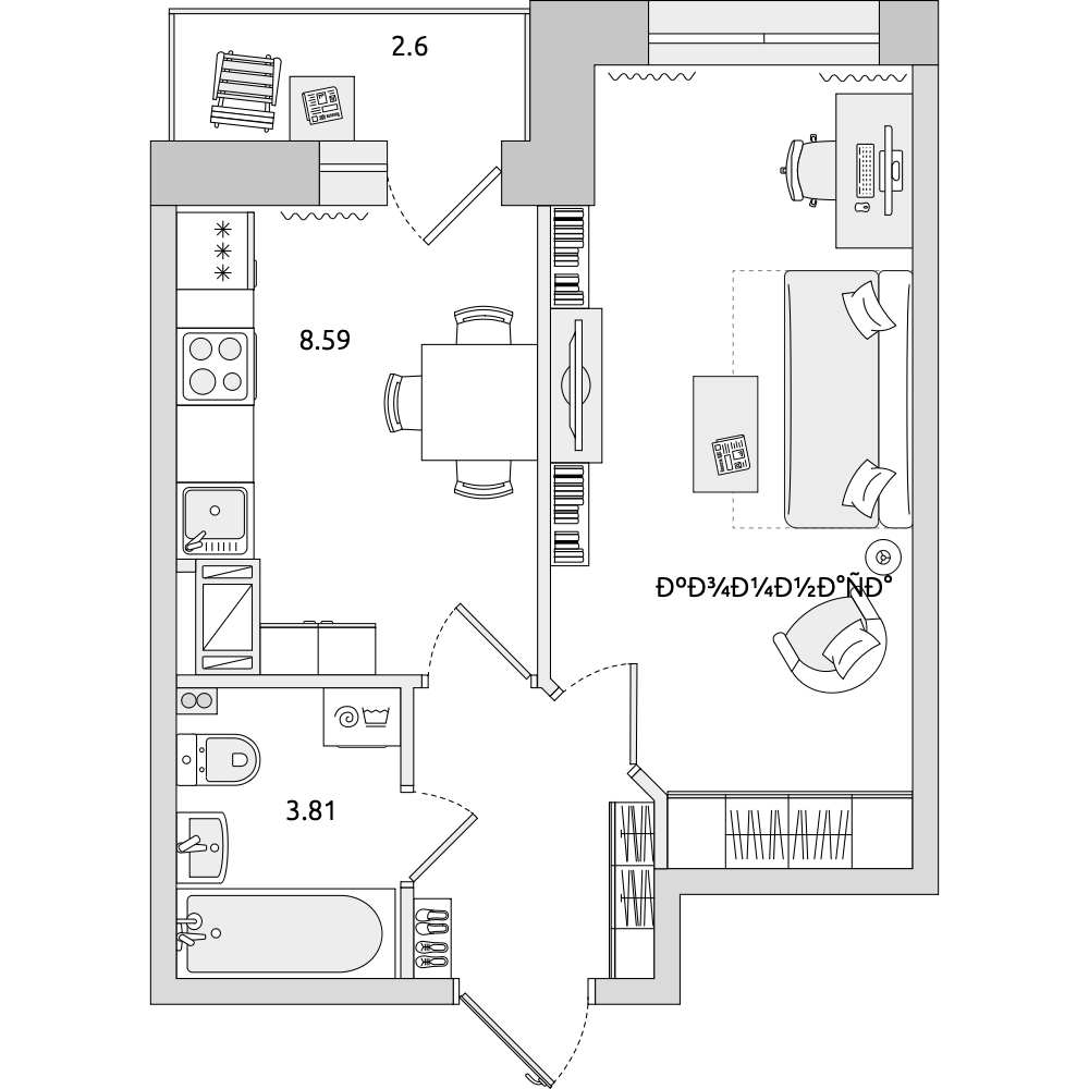 1-комнатные апартаменты 30.99 м2, 12-й этаж
