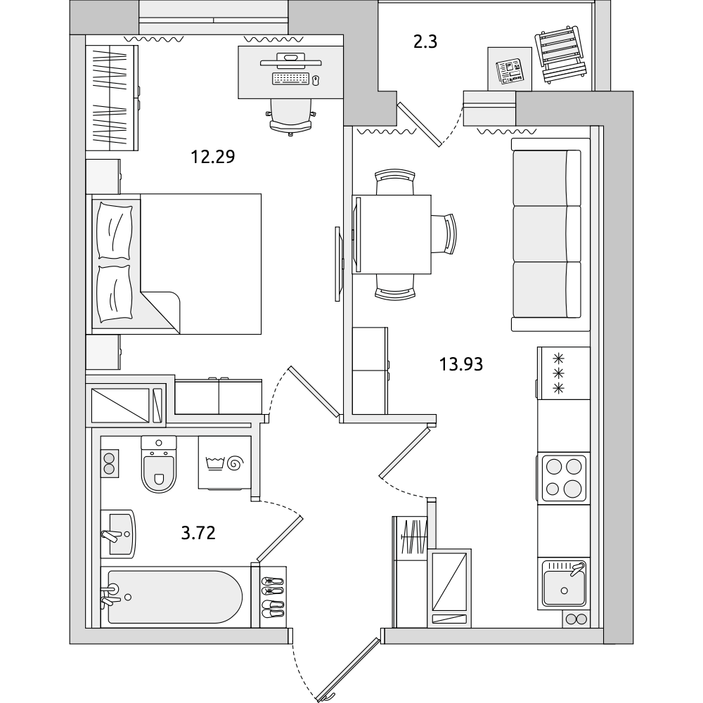 1-комнатные апартаменты 36.42 м2, 11-й этаж