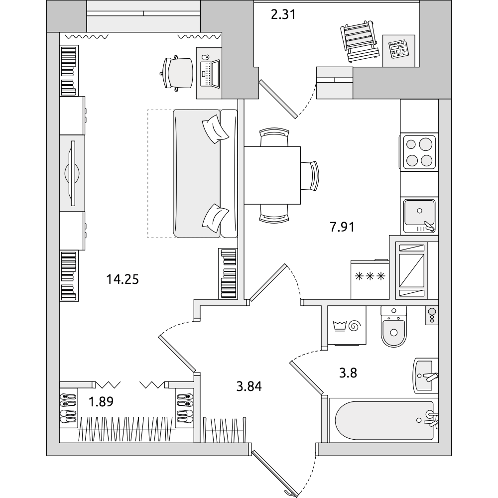 1-комнатные апартаменты 34 м2, 22-й этаж