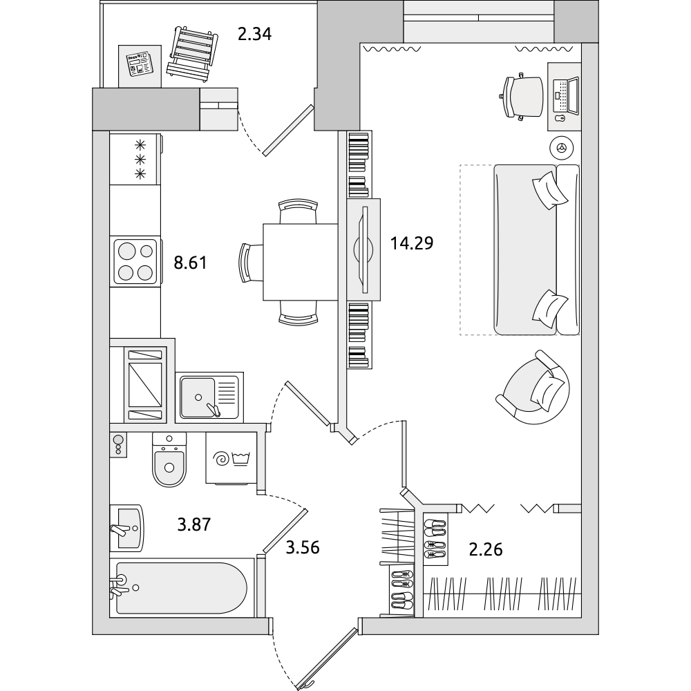 1-комнатные апартаменты 34.93 м2, 4-й этаж