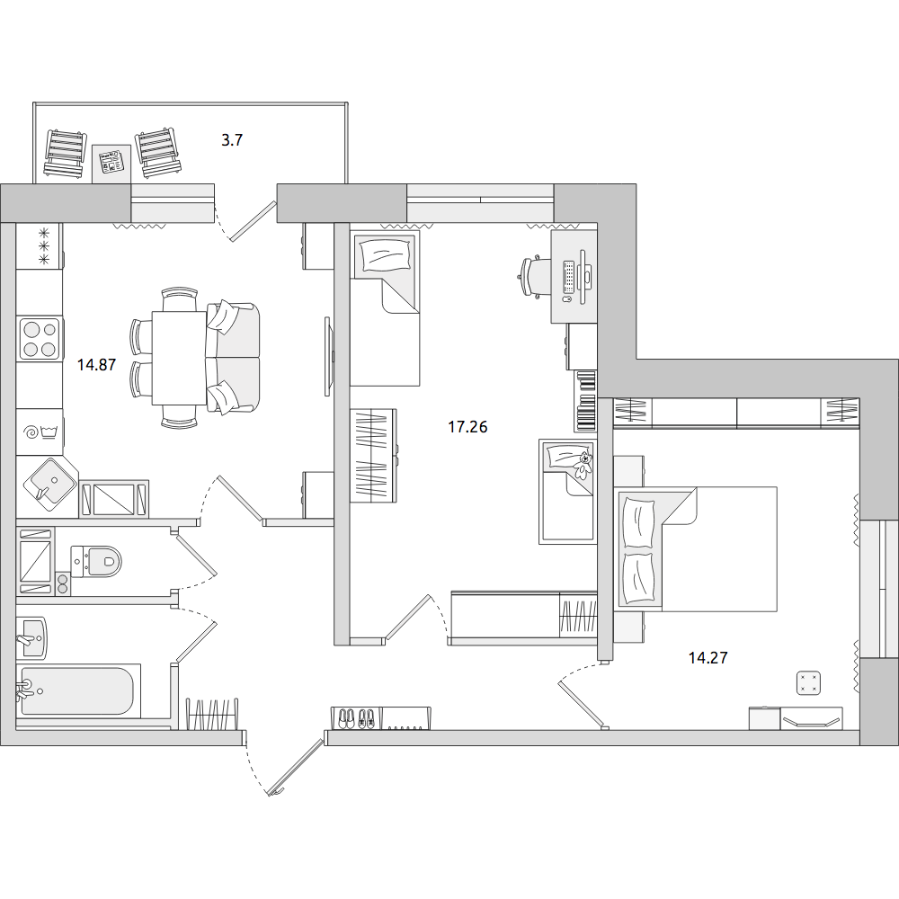 2-комнатные апартаменты 63.65 м2, 21-й этаж