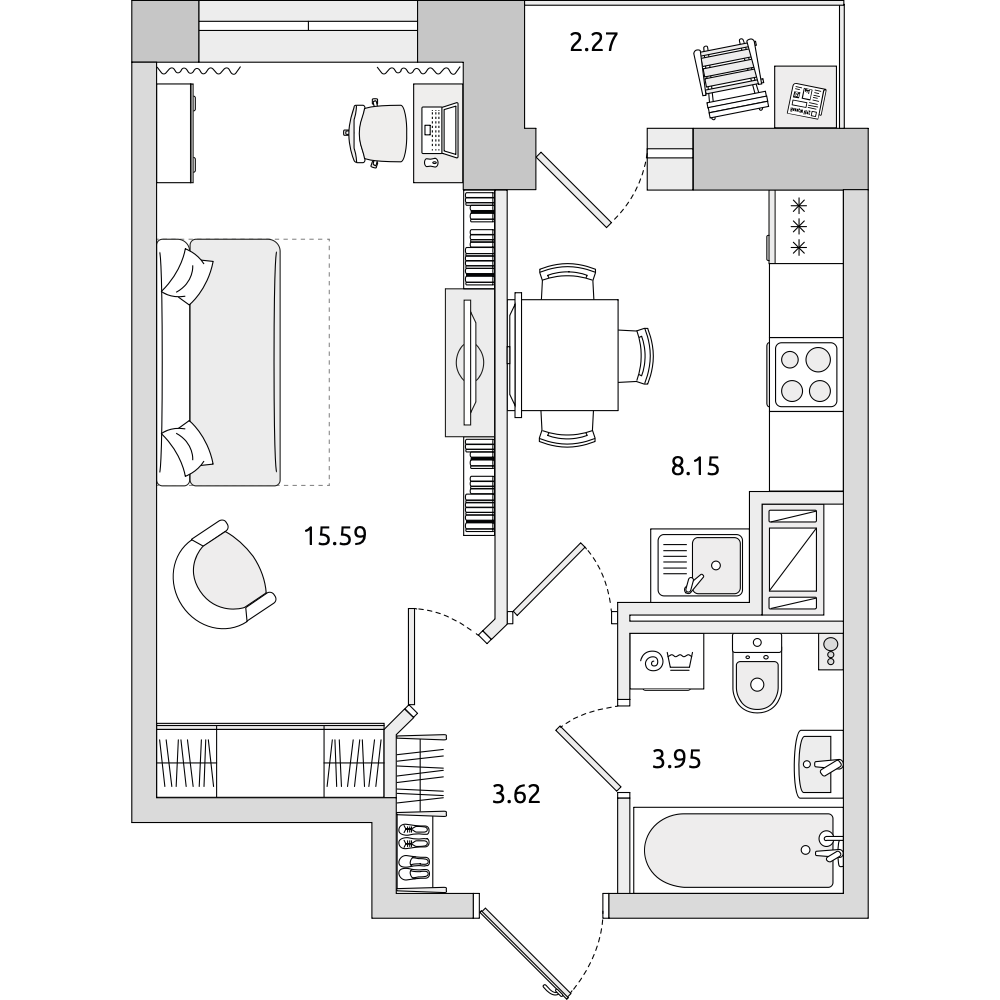 1-комнатные апартаменты 33.58 м2, 18-й этаж
