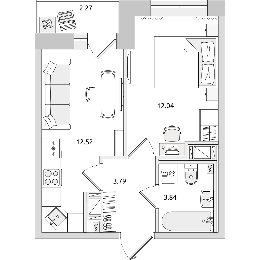 1-комнатные апартаменты 34.46 м2, 23-й этаж