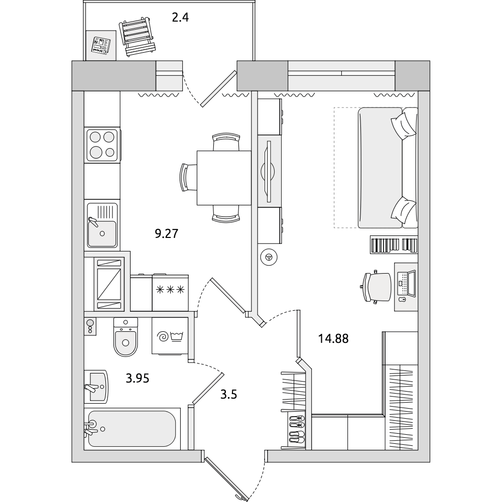 1-комнатные апартаменты 34 м2, 14-й этаж