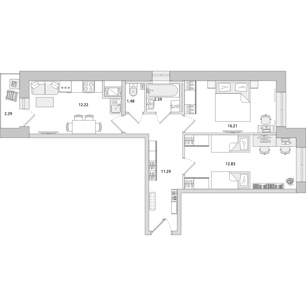 2-комнатные апартаменты 58.91 м2, 3-й этаж