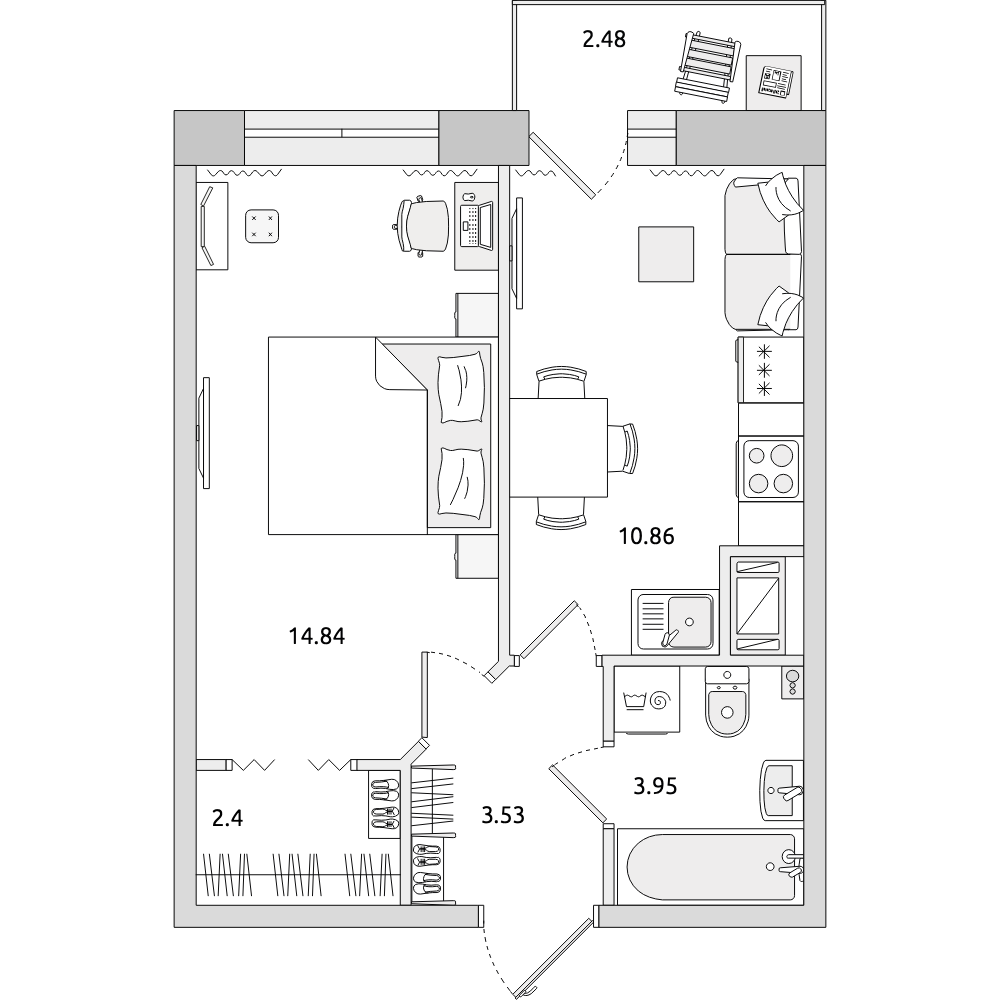 1-комнатные апартаменты 38.06 м2, 20-й этаж