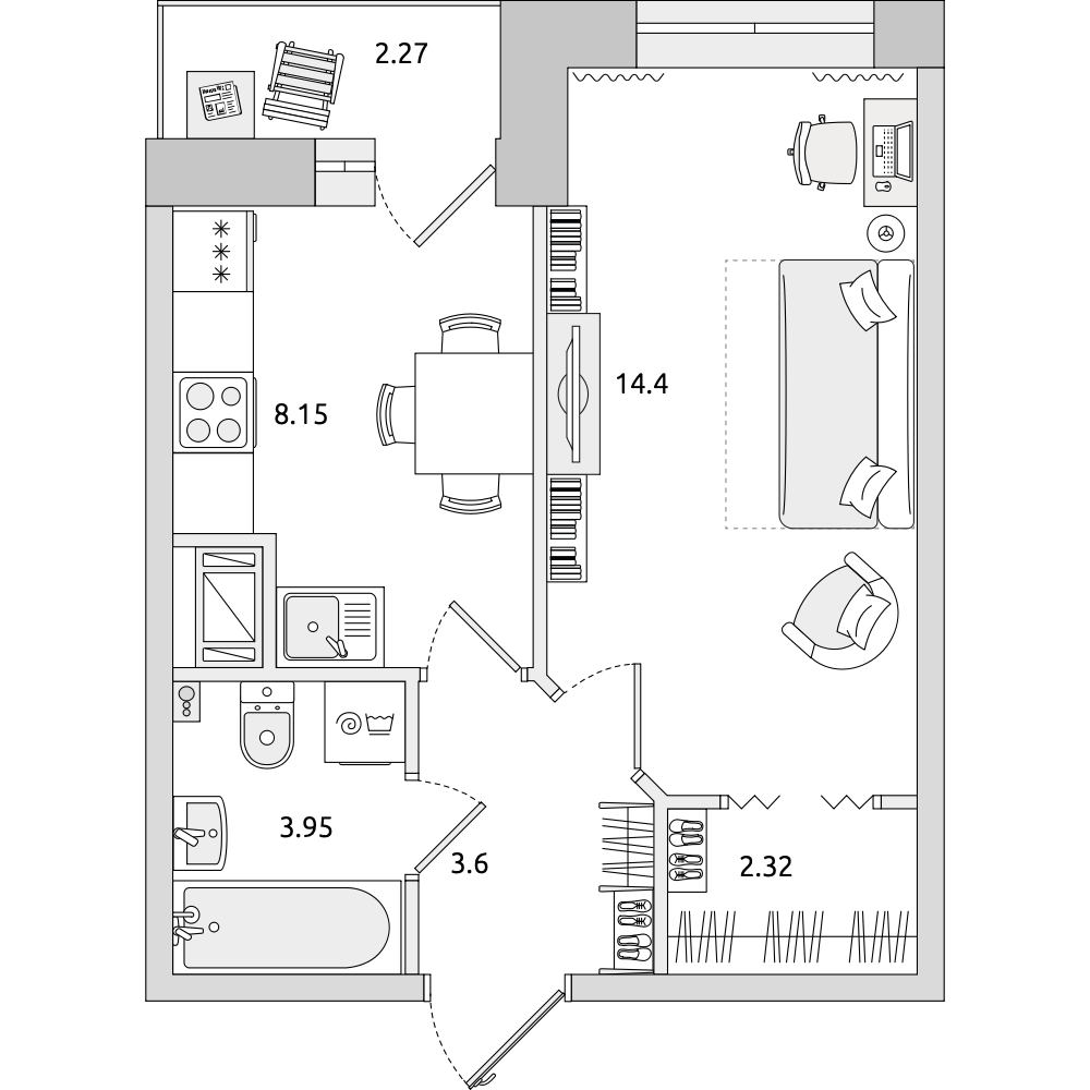 1-комнатные апартаменты 34.69 м2, 17-й этаж