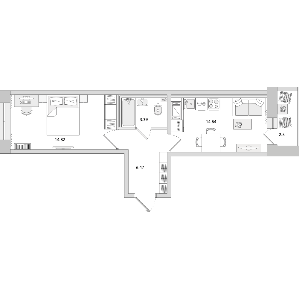 1-комнатные апартаменты 41.82 м2, 22-й этаж