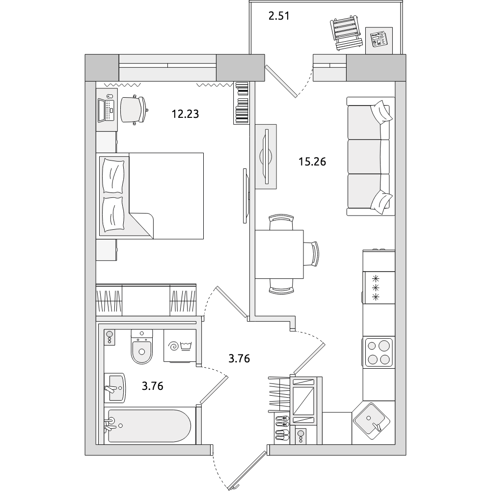1-комнатные апартаменты 37.52 м2, 3-й этаж
