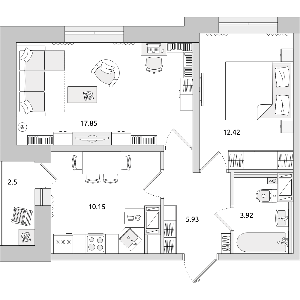 2-комнатные апартаменты 52.77 м2, 15-й этаж