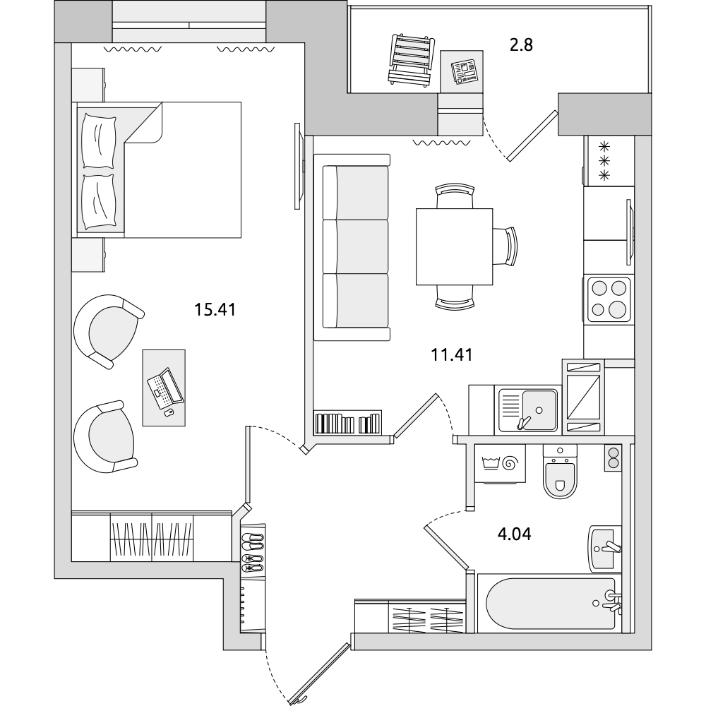 1-комнатные апартаменты 38.79 м2, 18-й этаж