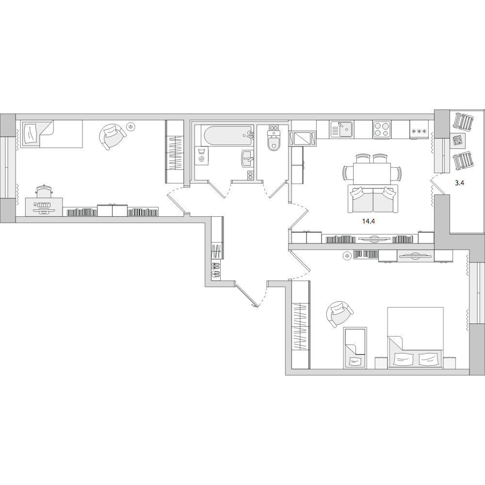 2-комнатные апартаменты 62.7 м2, 24-й этаж