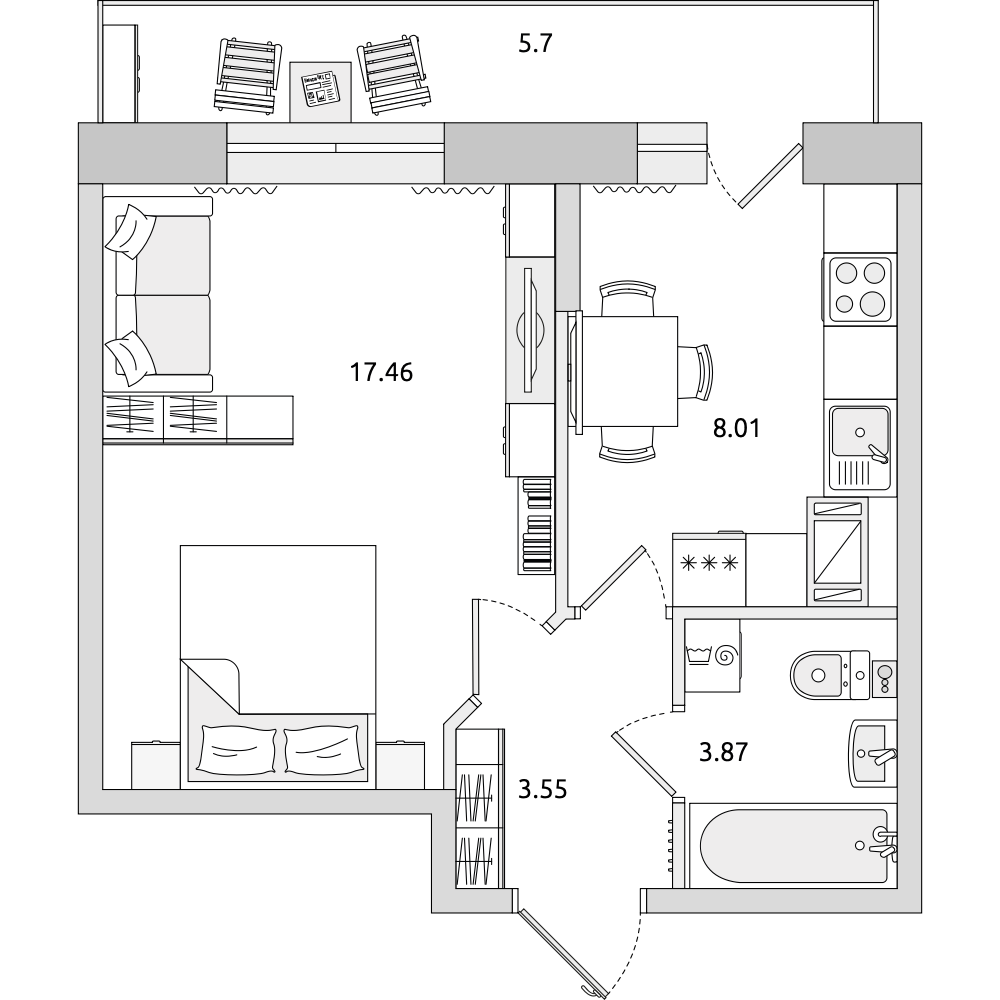 1-комнатные апартаменты 38.59 м2, 22-й этаж