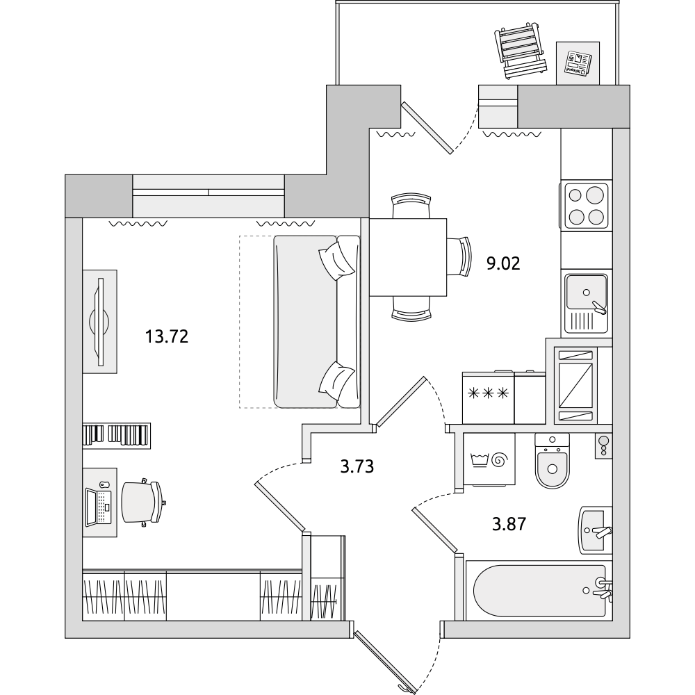 1-комнатные апартаменты 33.21 м2, 4-й этаж