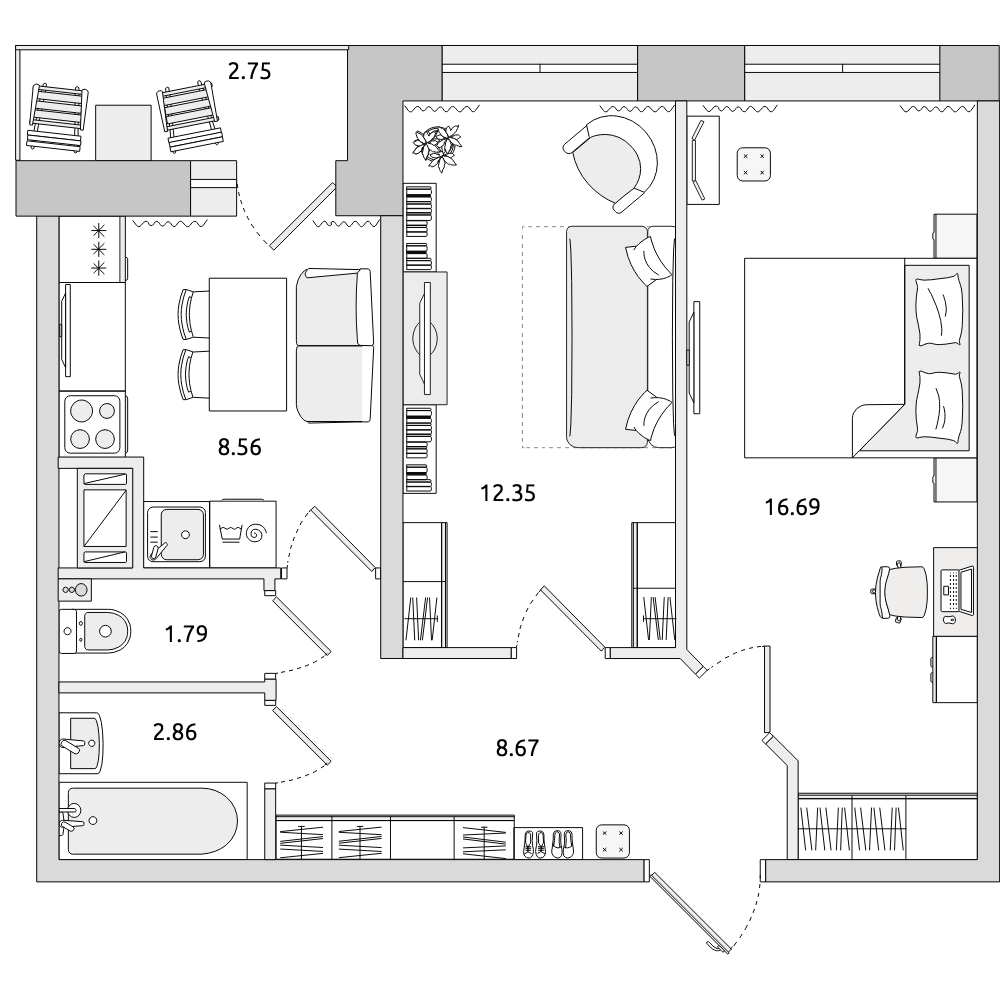 2-комнатные апартаменты 53.67 м2, 4-й этаж