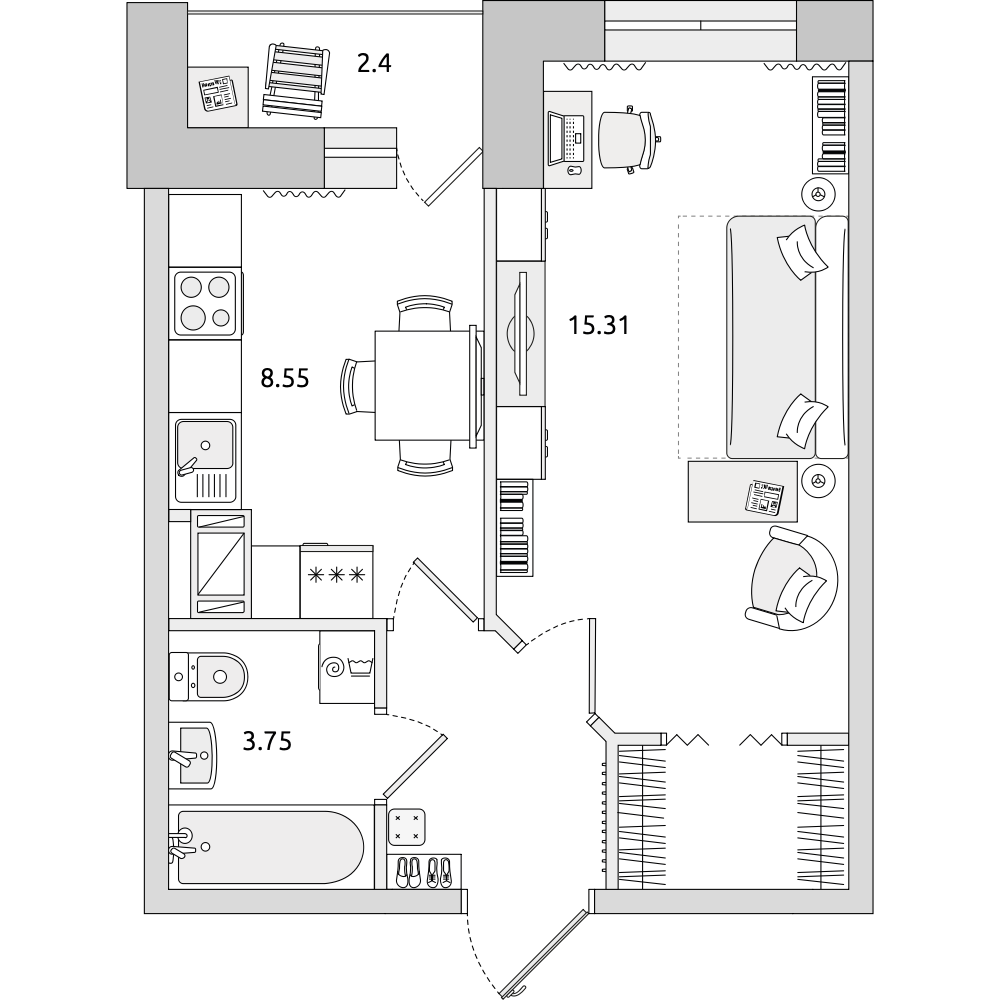 1-комнатные апартаменты 35.88 м2, 18-й этаж
