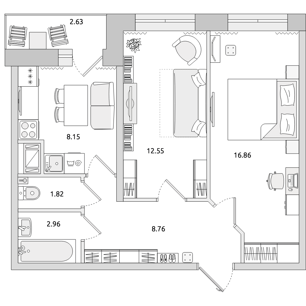 2-комнатные апартаменты 53.73 м2, 23-й этаж