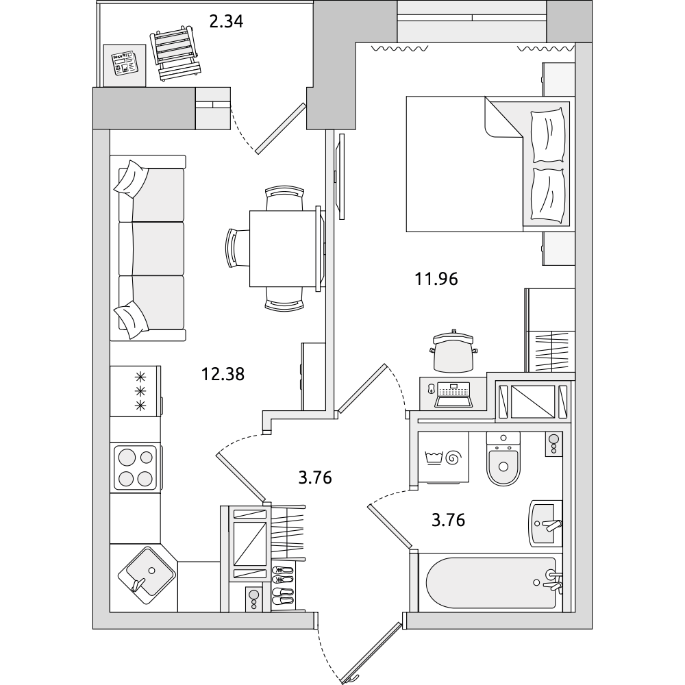 1-комнатные апартаменты 34.2 м2, 2-й этаж
