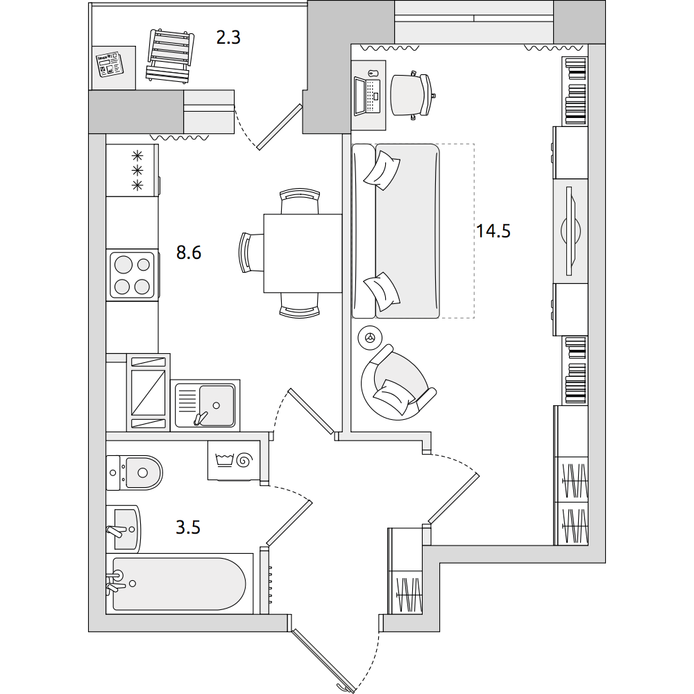 1-комнатные апартаменты 32.4 м2, 11-й этаж