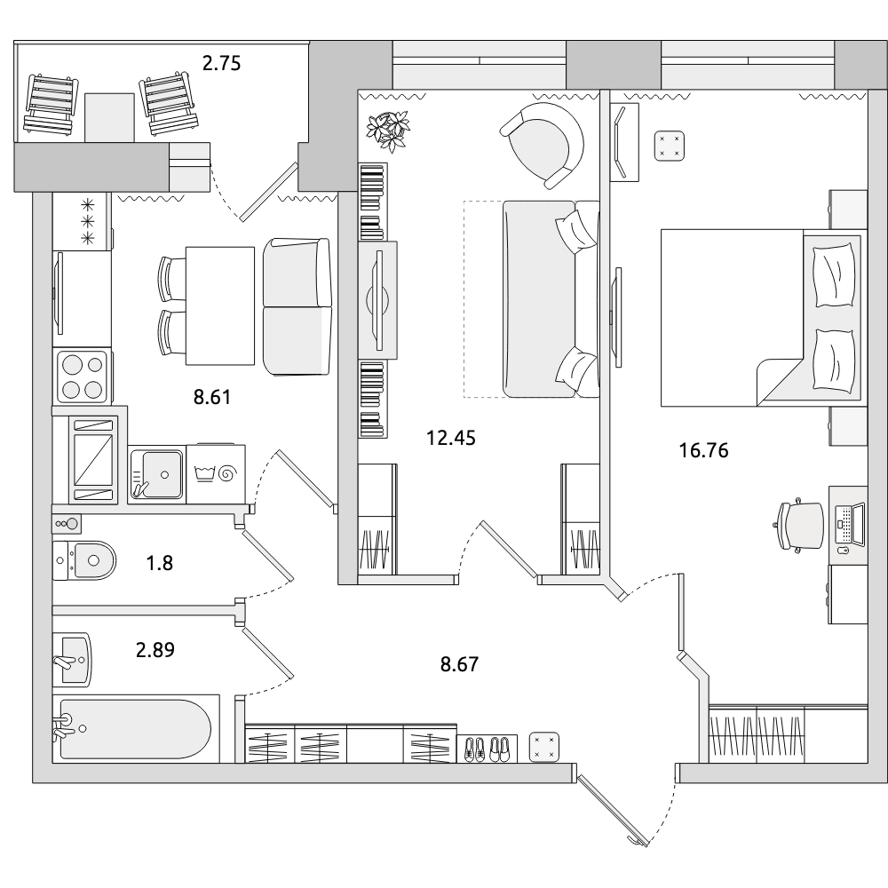 2-комнатные апартаменты 53.93 м2, 13-й этаж