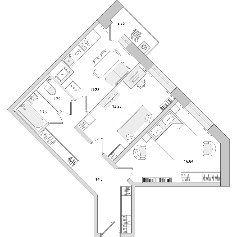 2-комнатные апартаменты 62.7 м2, 12-й этаж