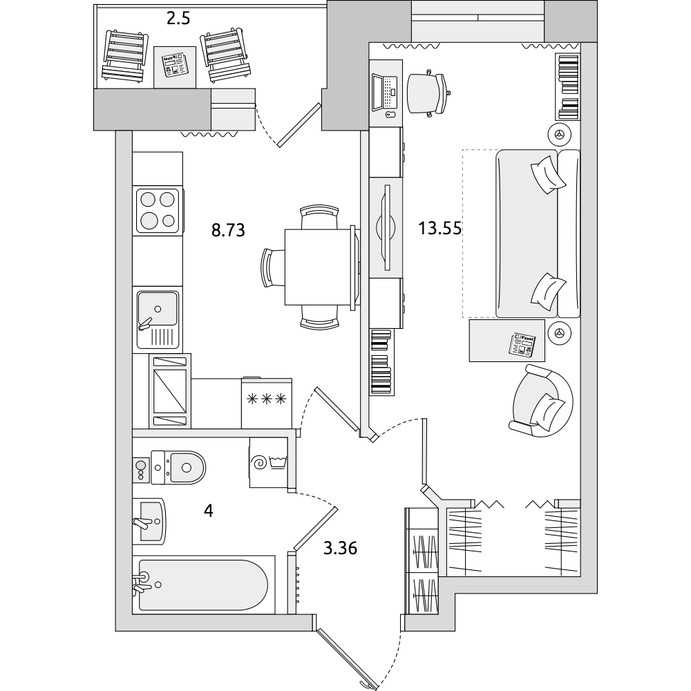 1-комнатные апартаменты 33.55 м2, 18-й этаж