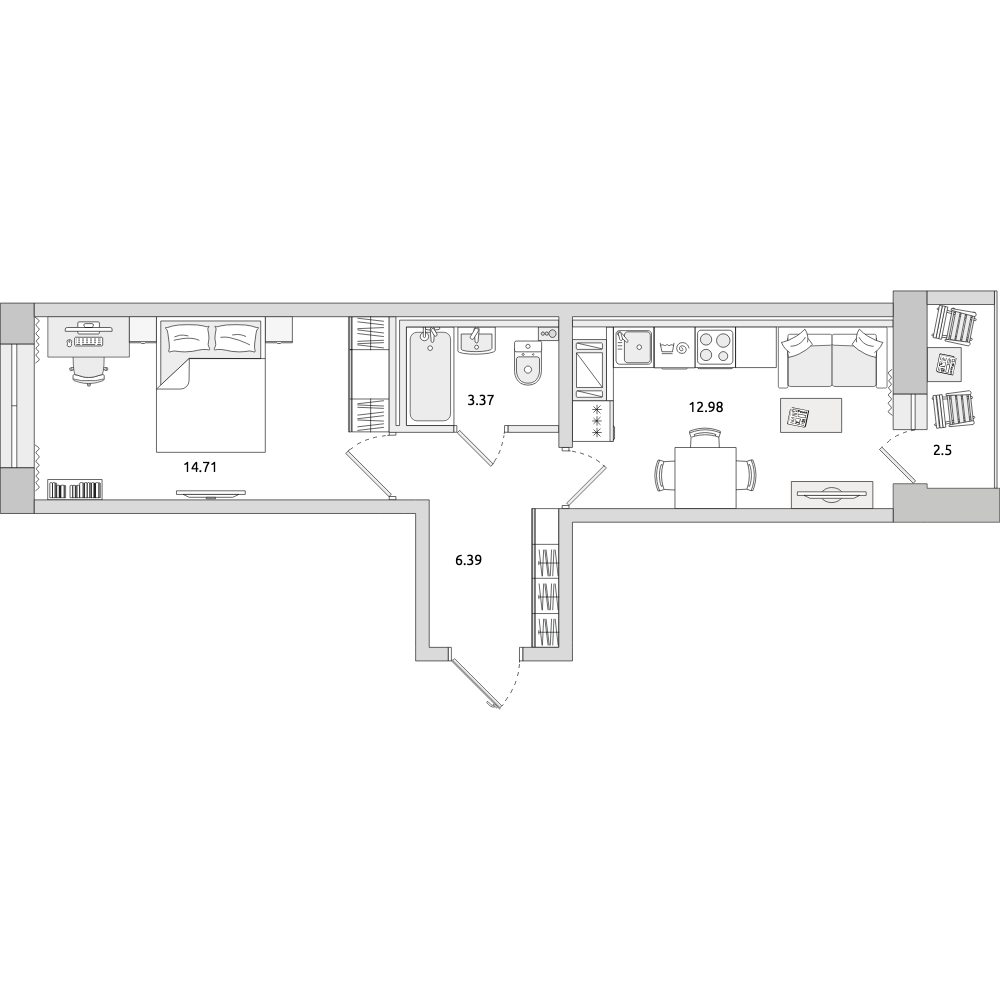 1-комнатные апартаменты 39.95 м2, 6-й этаж