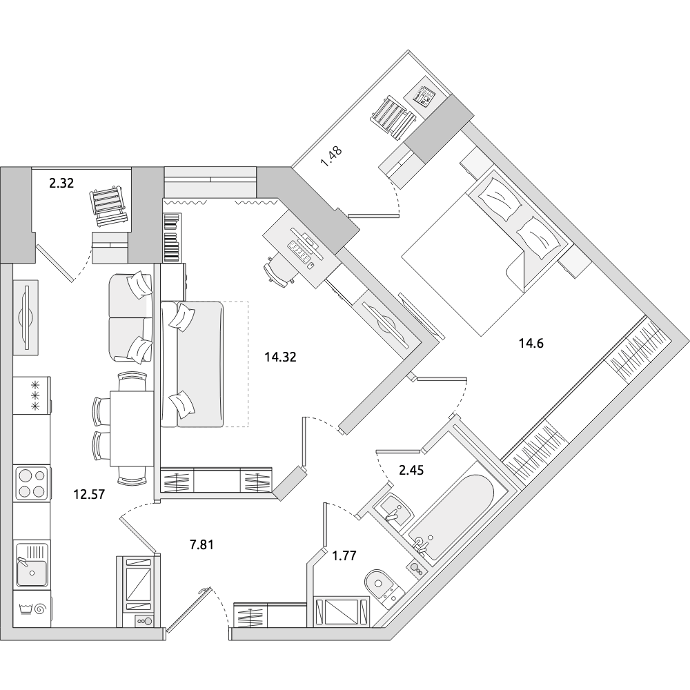 2-комнатные апартаменты 57.32 м2, 14-й этаж