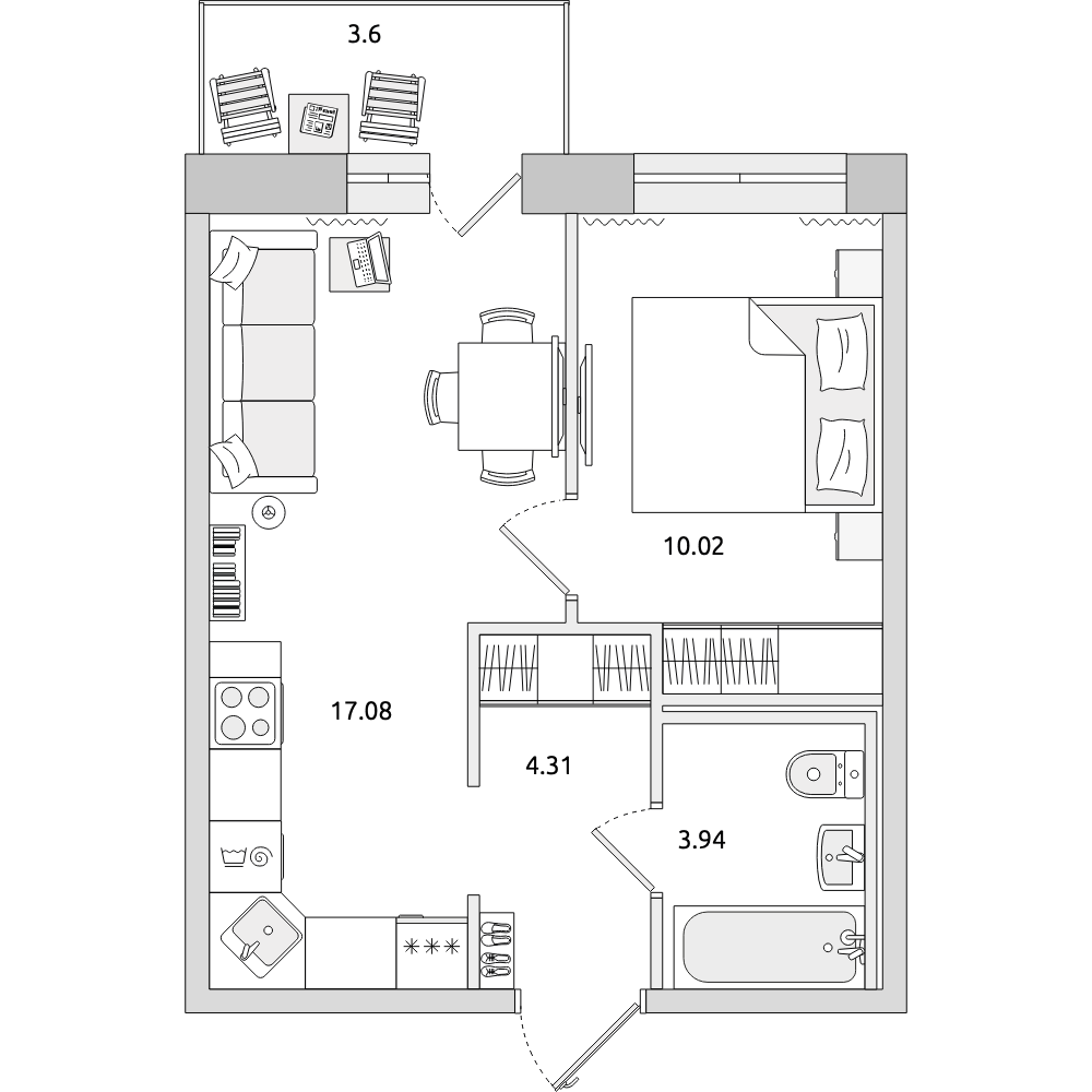 1-комнатные апартаменты 38.95 м2, 5-й этаж