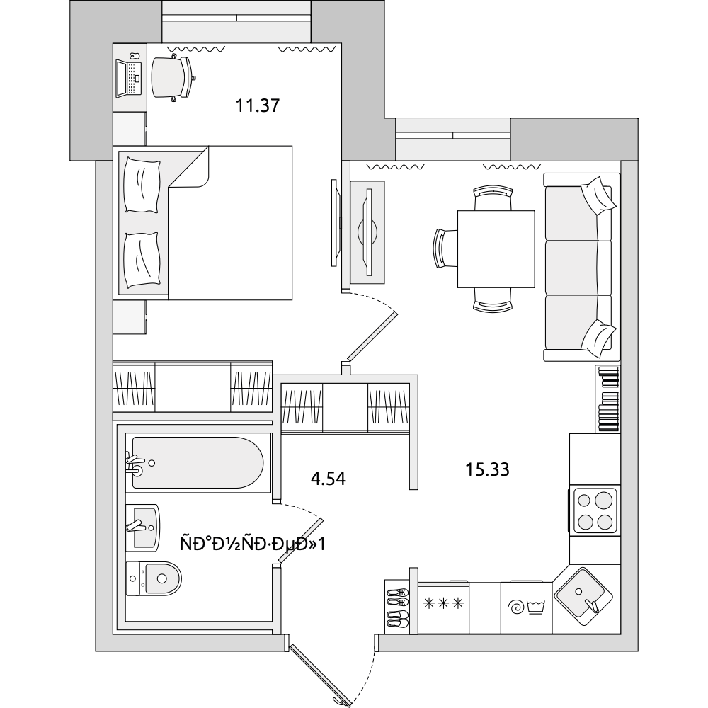 1-комнатные апартаменты 35.18 м2, 1-й этаж