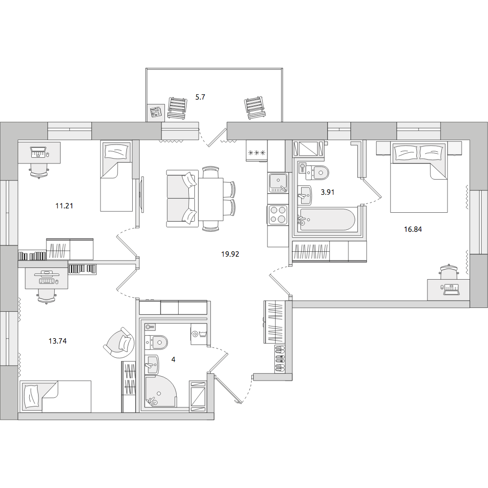 3-комнатные апартаменты 79.67 м2, 9-й этаж