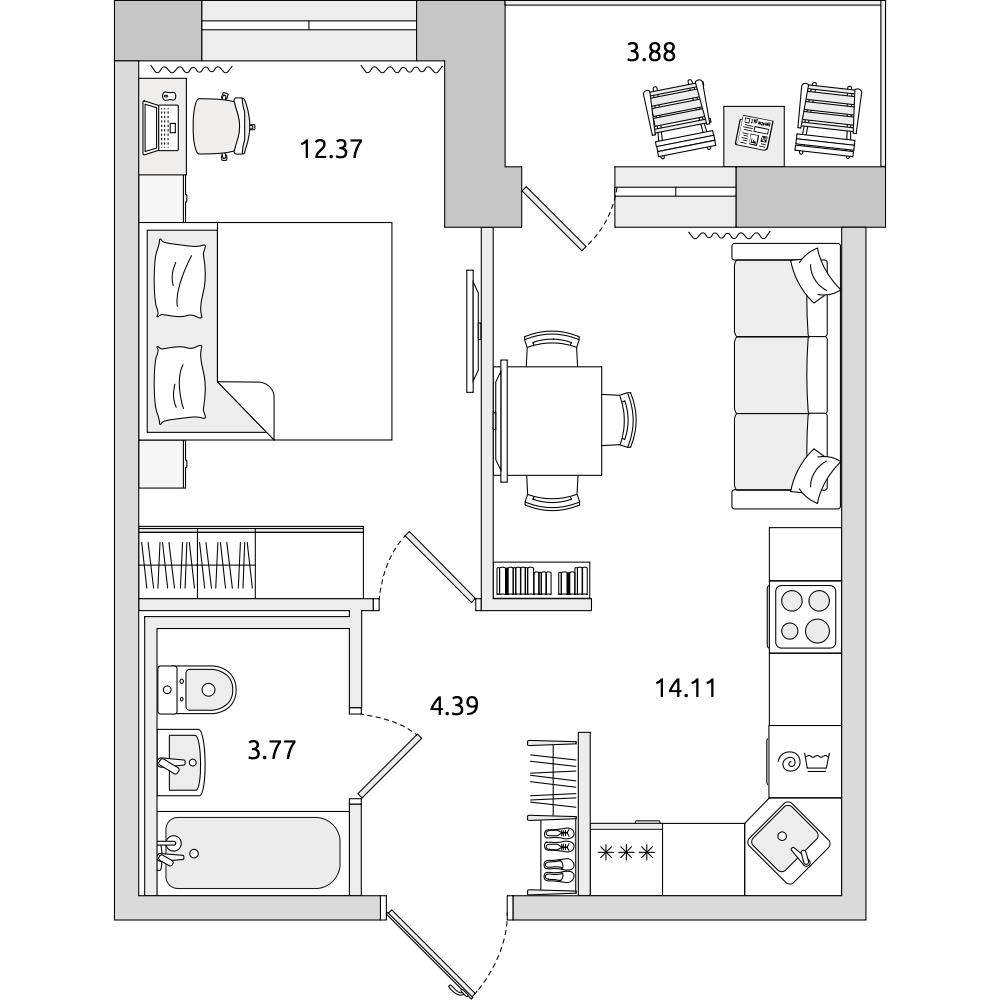 1-комнатные апартаменты 38.52 м2, 17-й этаж