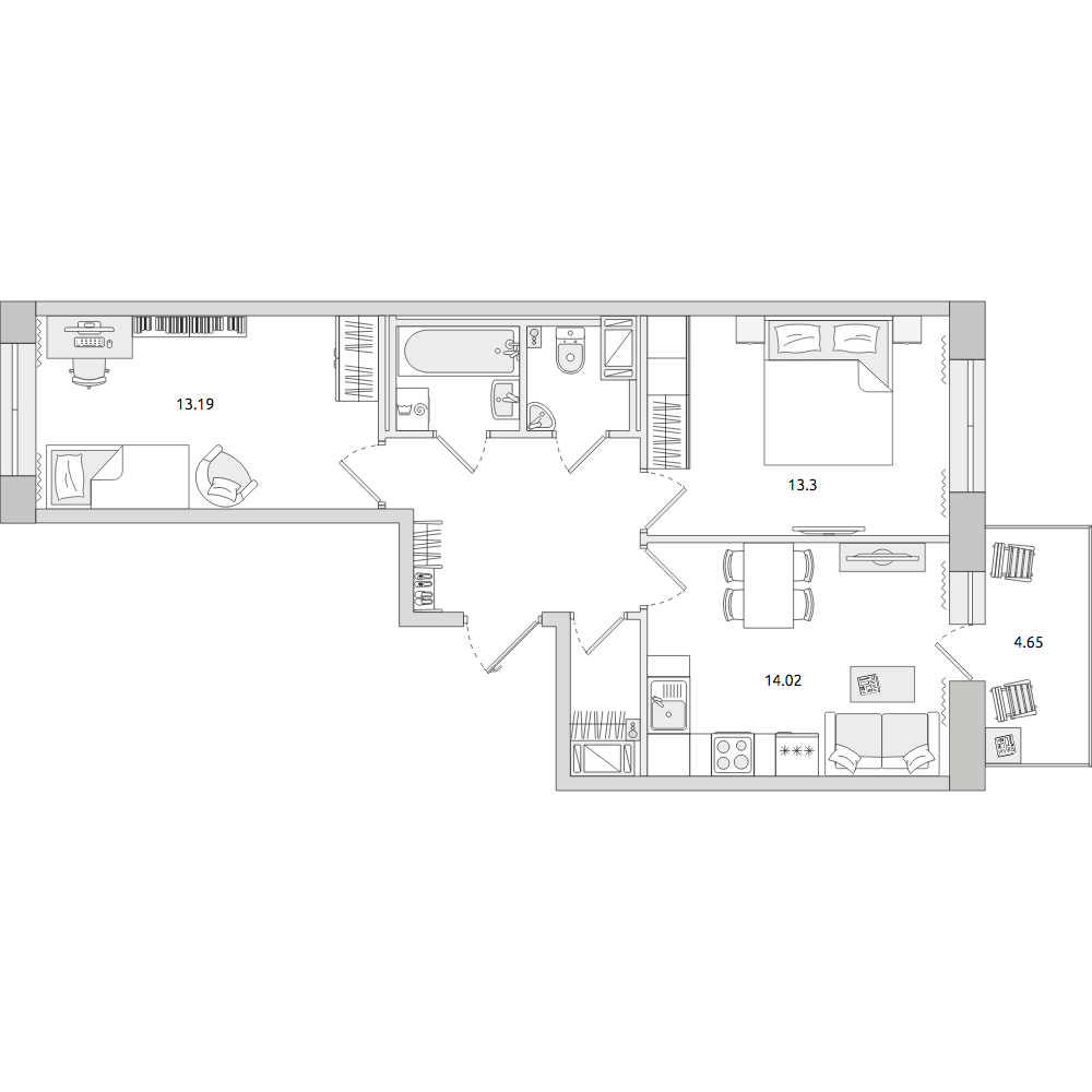 2-комнатные апартаменты 59.78 м2, 17-й этаж