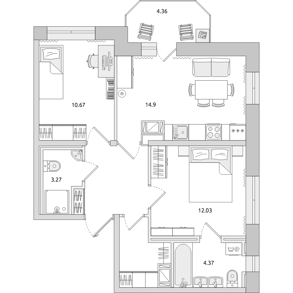 2-комнатные апартаменты 60.2 м2, 15-й этаж