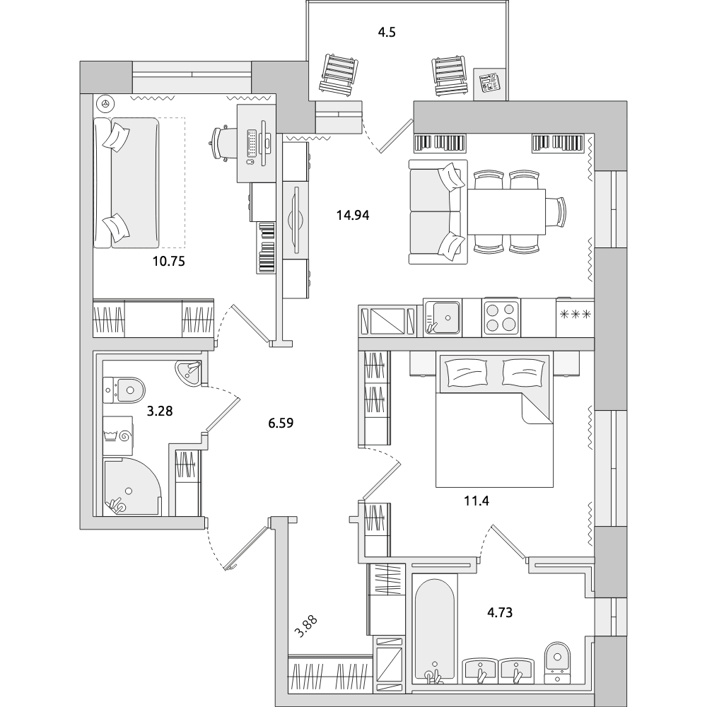 2-комнатные апартаменты 60.07 м2, 13-й этаж