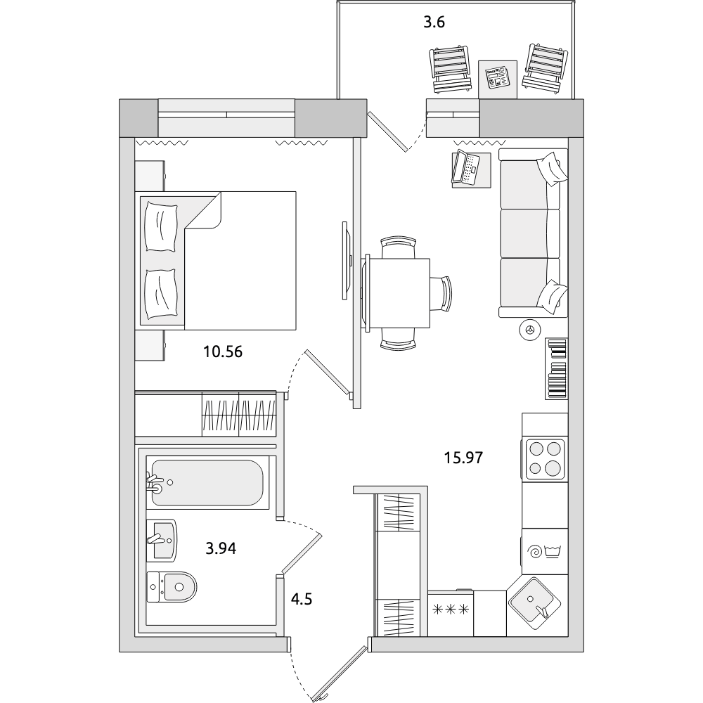 1-комнатные апартаменты 38.57 м2, 8-й этаж