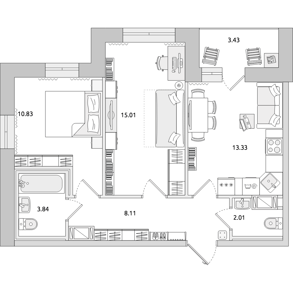 2-комнатные апартаменты 56.56 м2, 18-й этаж