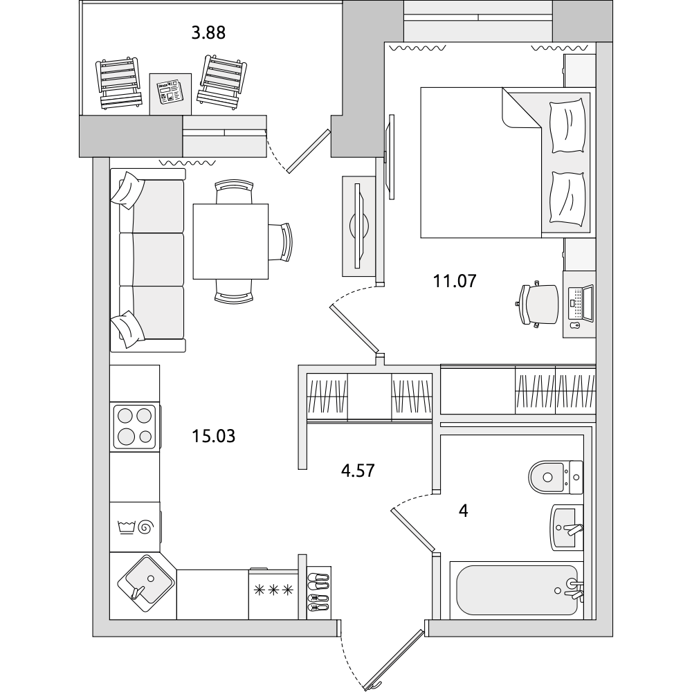1-комнатные апартаменты 38.55 м2, 14-й этаж