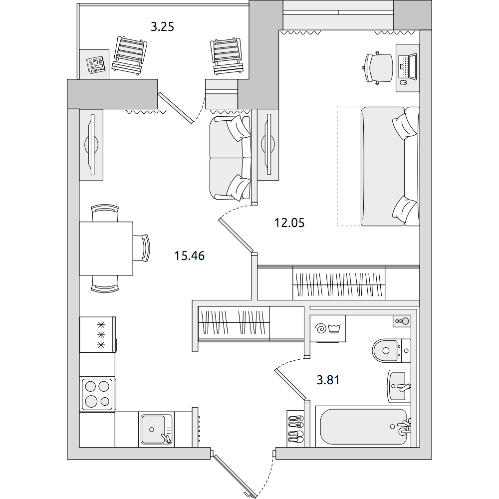1-комнатные апартаменты 38.85 м2, 6-й этаж