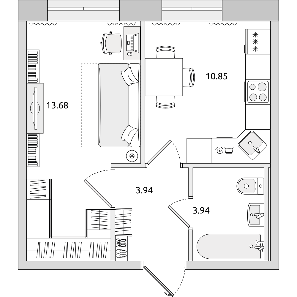 1-комнатные апартаменты 32.41 м2, 1-й этаж