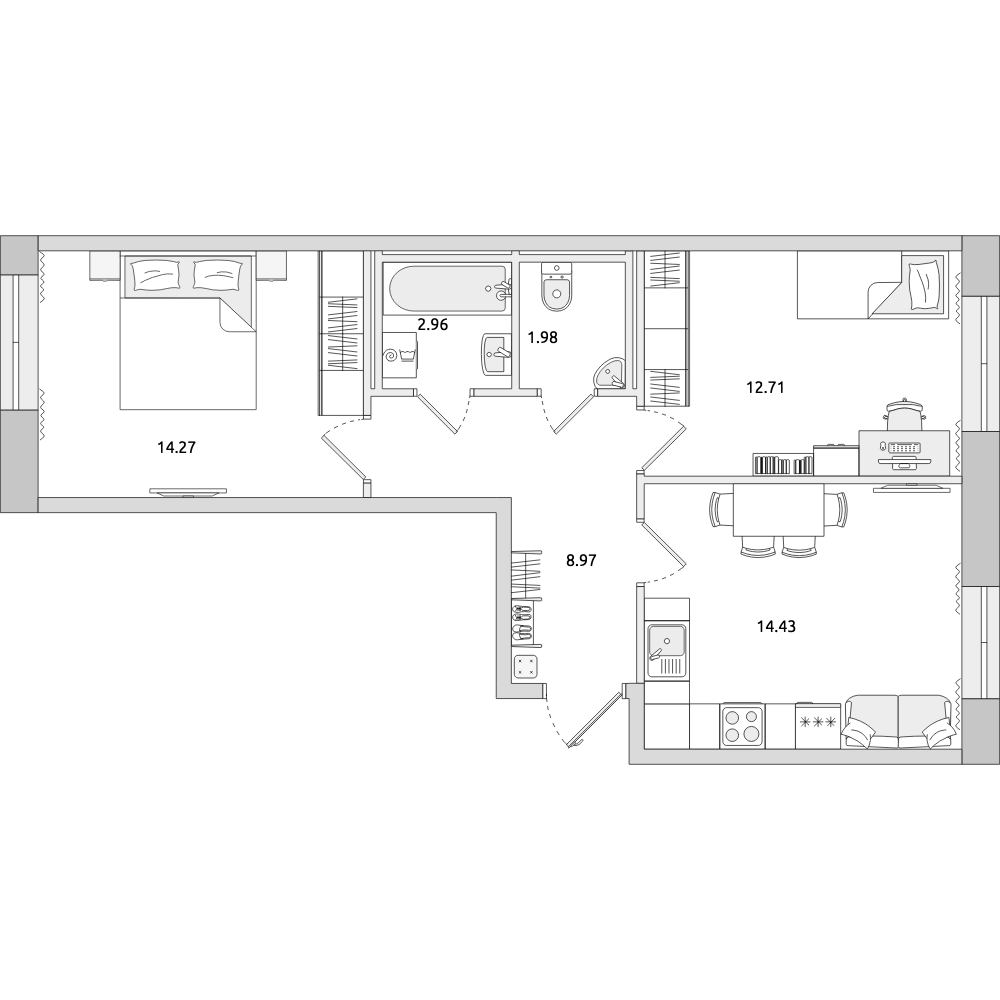 2-комнатные апартаменты 60.24 м2, 16-й этаж