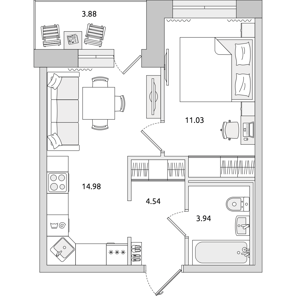 1-комнатные апартаменты 38.37 м2, 4-й этаж