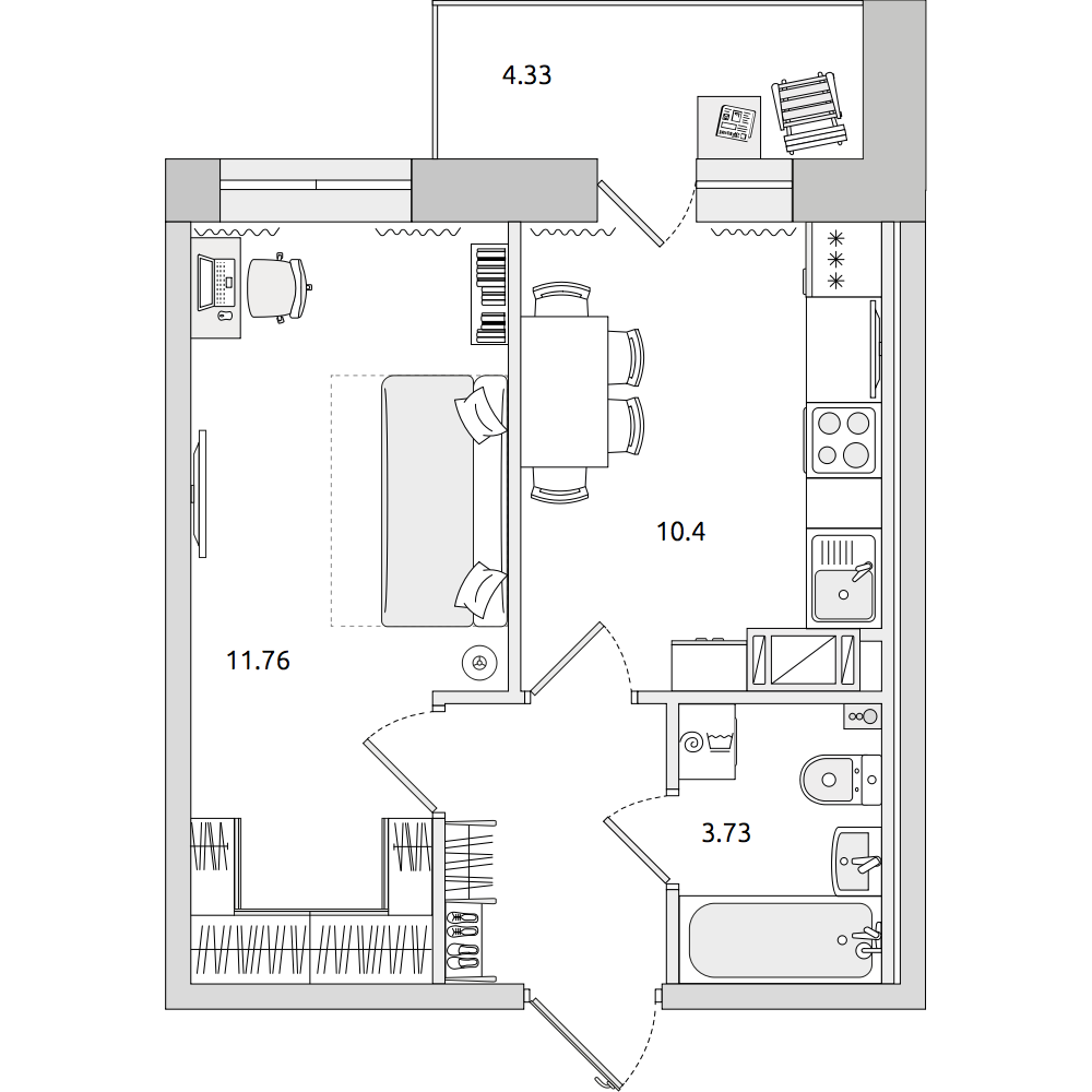 1-комнатные апартаменты 36.5 м2, 14-й этаж