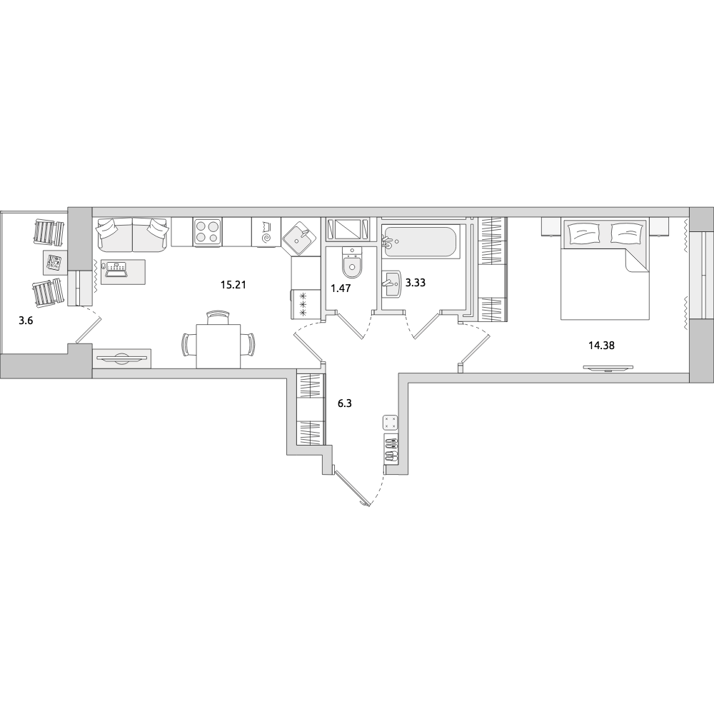 1-комнатные апартаменты 44.29 м2, 10-й этаж