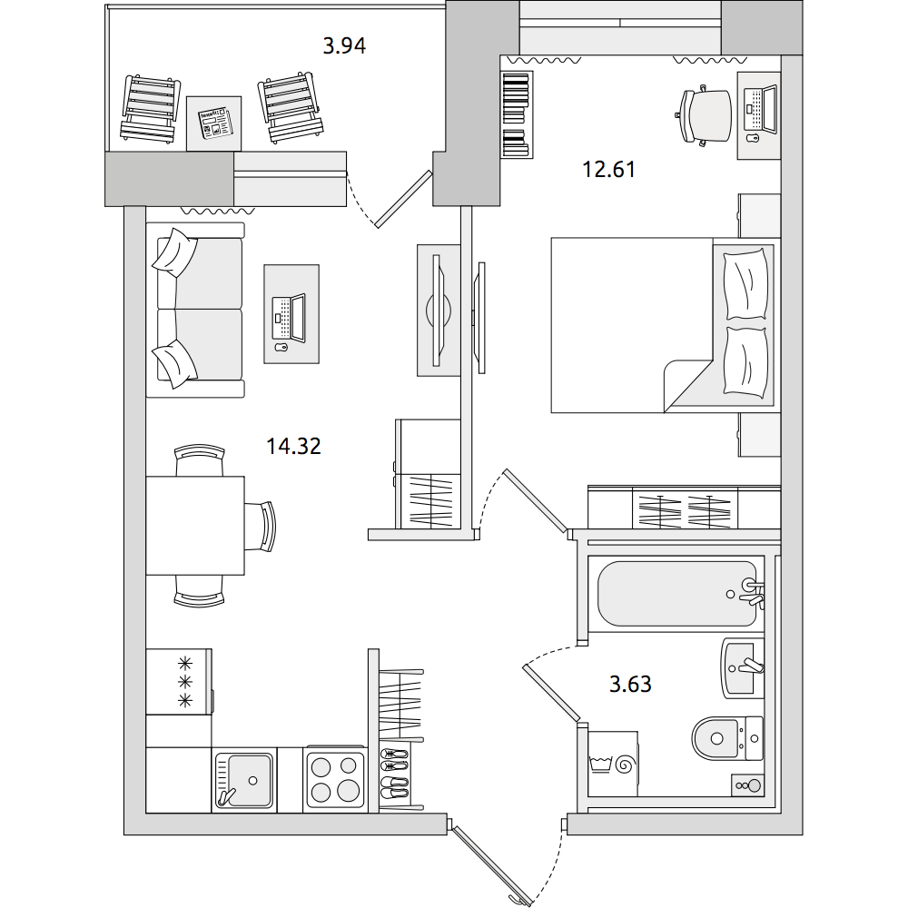 1-комнатные апартаменты 38.53 м2, 8-й этаж