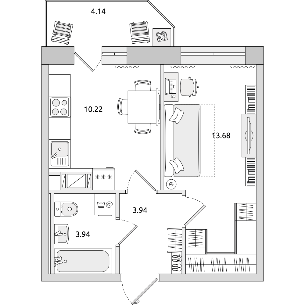 1-комнатные апартаменты 35.92 м2, 6-й этаж