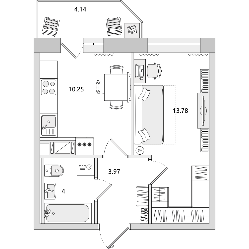 1-комнатные апартаменты 36.14 м2, 18-й этаж